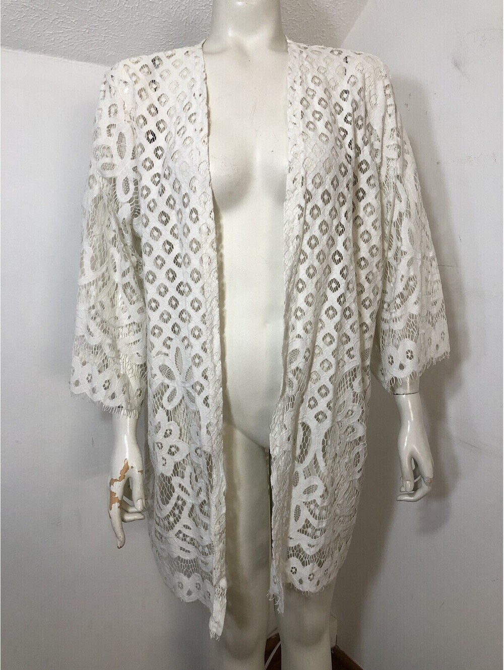 Maurices Womens 1 Open Front Tunic Cardigan Cover up Ivory Lace Sheer 3/4 Sleeve